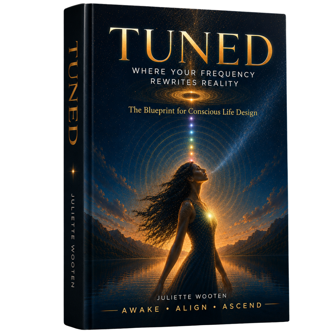 TUNED book cover — a woman facing a starlit sky with a beam of light rising from her chest, by Juliette Wooten